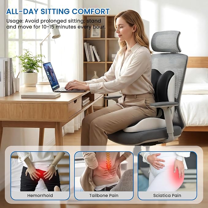 Car Seat Cushion Reducing Sciatica Pressure, Back & Tailbone Comfort | Hollow Design for Coccyx, Double-Sided Anti-Slip, L-Shaped Ergonomic Memory Foam Lumbar Cushion, Suitable for Long Sitting