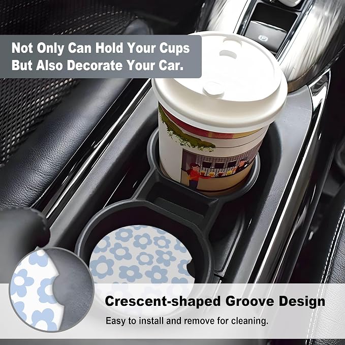2 Pack Car Coasters for Cup Holders, 2.56" Universal Absorbent Ceramic Stone Car Cup Holder Coasters with Non-Slip Cork Base, Car Interior Accessories for Women Men(Blue Retro Floral)