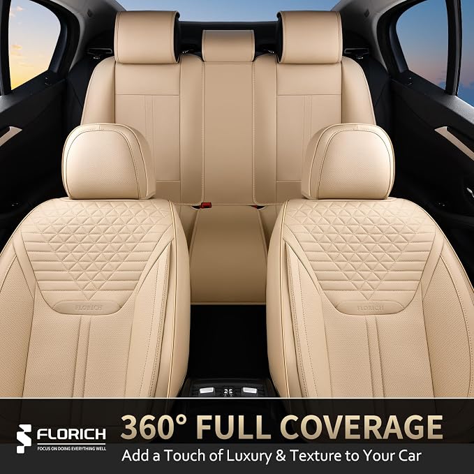FLORICH Car Seat Covers for Front Seats, Universal Seat Cushion 2 Seats, Car Seat Protector Waterproof, Premium Leather Automotive Seat Covers for Most Cars, Sedans, SUVs, and Trucks-Beige