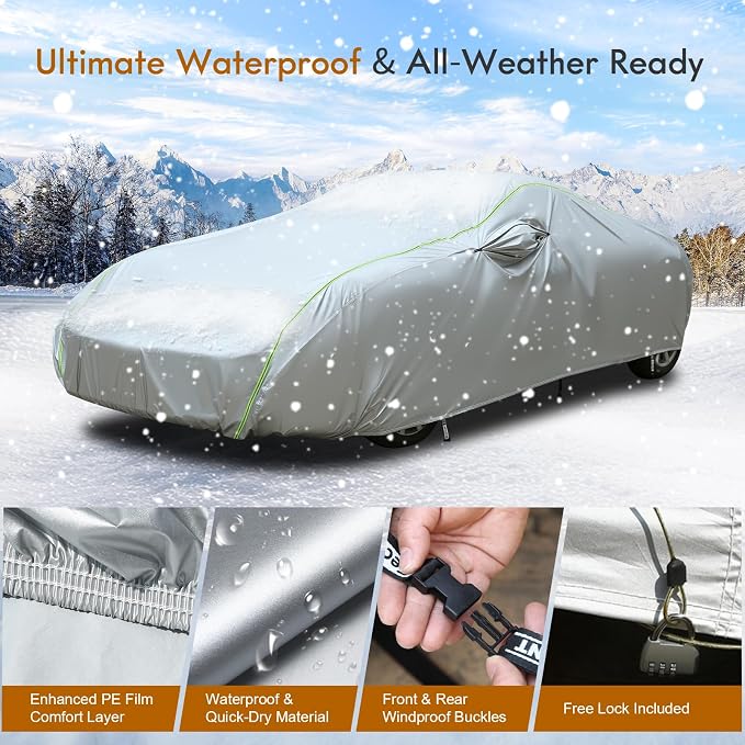 Tecoom Car Cover Waterproof All Weather, Windproof UV Sun Rain Snow Protection Outdoor Full Cover with Top Reflective Strip, Door Zipper, Fit for Coupe/Convertible/Sport Cars (173-182 Inches)