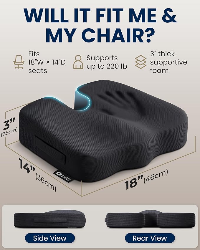 5 STARS UNITED Seat Cushion - Memory Foam Chair Cushion for Tailbone Pain Relief - Ergonomic Support for Coccyx, Sciatica & Butt - Office, Desk & Gaming Chair, Car Seat, Wheelchair, Airplane, Black
