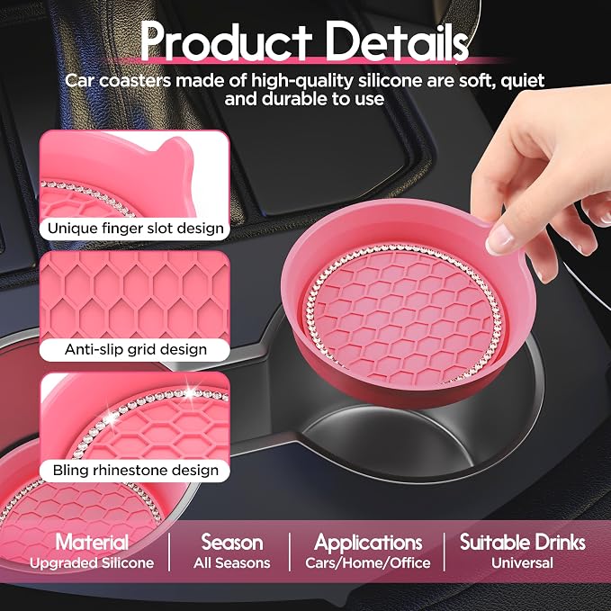Amooca Car Cup Coaster Universal Non-Slip Cup Holders Bling Crystal Rhinestone Car Interior Accessories 2 Pack Peach Pink
