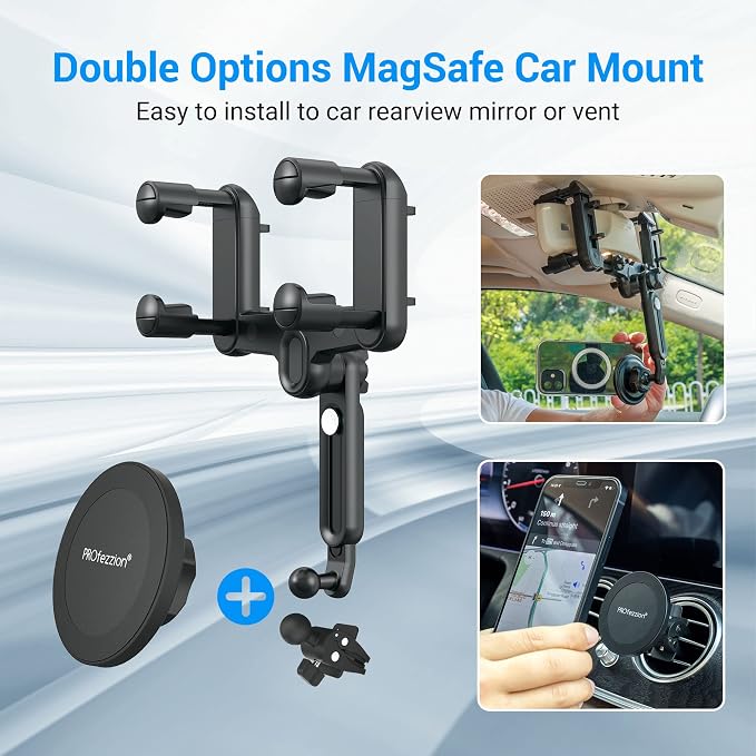 PROfezzion Car Rearview Mirror Magnetic Phone Mount Holder for MagSafe | Vent Clip Included, No Vibrating, Eye-level View, Length & Angle Adjustment, for iPhone 17 16 15 14 13 Pro Max & All Phones