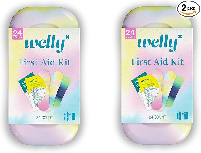 Welly Quick Fix Colorwash, On The Go First Aid Kit, Assorted Bandages, Ointments, and Hand Sanitizer, Tie Dye Patterns, 2 Pack