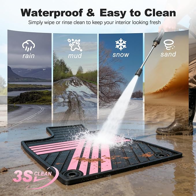 Rubber Floor Mats Fit for Honda CR-V 2012-2016 (Not Fit EX-L & Touring) | Custom Fit for CRV EX & LX & SE Heavy Duty Anti-Slip Car Mats, 1st & 2nd Row, Black & Pink