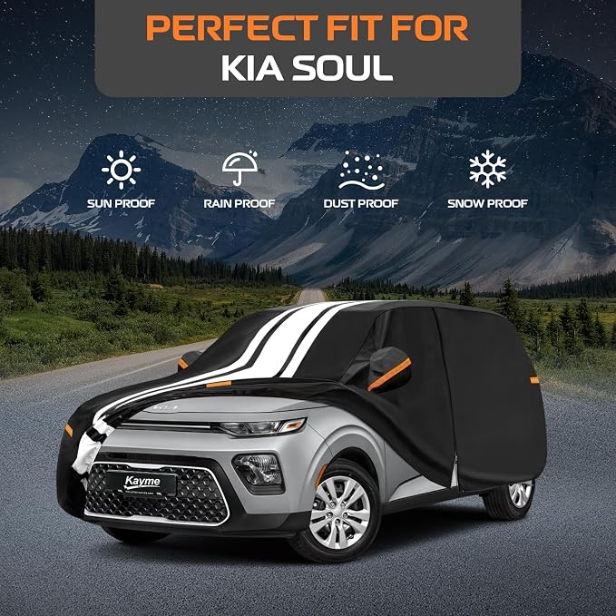 Kayme Heavy Duty Car Cover Custom Fit for Kia Soul (2009-2025) Waterproof All Weather for Automobiles, Outdoor Full Exterior Cover with Tape and Towel, Rain Snow Sun UV Protection.