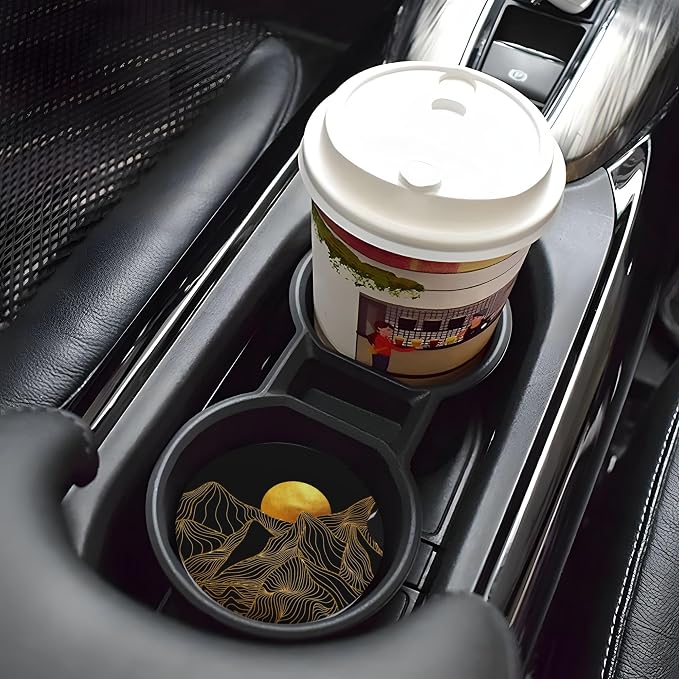 Golden Mountain Sun Car Cup Holder Coasters 2 Pack 2.63" for Women | Universal Anti Slip Ceramic Absorbent Coaster with Cork Base and Finger Notch Cute Car Accessories Interior