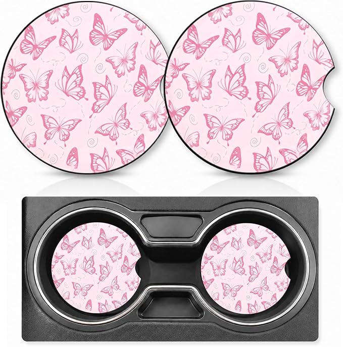2PCS Butterfly Car Cup Holder Coasters Neoprene Car Coasters Universal | 2.75" Anti-Slip Rubber Mat with Finger Slot for Vehicle SUV Truck Fashion Cars Accessories Butterfly Gifts for Women Men