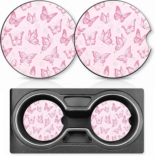 2PCS Butterfly Car Cup Holder Coasters Neoprene Car Coasters Universal | 2.75" Anti-Slip Rubber Mat with Finger Slot for Vehicle SUV Truck Fashion Cars Accessories Butterfly Gifts for Women Men