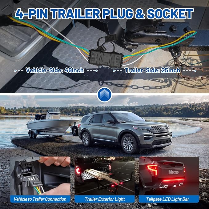 MECMO 4 Pin Trailer Wiring Harness w/Dust Cover, 16AWG 48-Inch Vehicle-Side and 25-Inch Trailer-Side 4-Way Flat Trailer End Connector Truck Trailer Light Plug Socket 4 Prong Male Female Replacement
