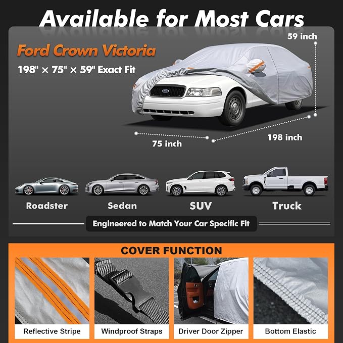 Large Car Cover Waterproof All-Weather,Outdoor Full Exterior Covers Custom Fit for Thunderbird,Impala,Town,Cutlass,Cadillac DeVille,Bel Air,etc,Size C6(See Size Chart)