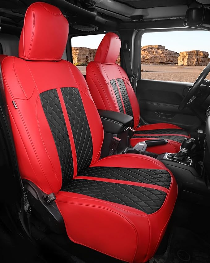 for Jeep Wrangler Seat Covers 4Door JL 2018 2019 2020 2021 2022 2023 2024 2025 2026, Custom Fit Car Seat Cover Full Set, Luxury Waterproof Leather Protectors, Red Black, W/O Rear Cup Holder