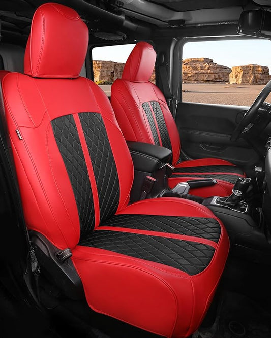 for Jeep Wrangler Seat Covers 4Door JL 2018 2019 2020 2021 2022 2023 2024 2025 2026, Custom Fit Car Seat Cover Full Set, Luxury Waterproof Leather Protectors, Red Black, W/O Rear Cup Holder