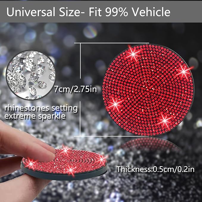 NBTEPEM 2pcs Bling Car Cup Holder Coaster, 2.75 inch Anti-Slip Shockproof Universal Fashion Car Coasters Insert Bling Crystal Rhinestone Automotive Interior Accessories for Women (2 pcs, Red)
