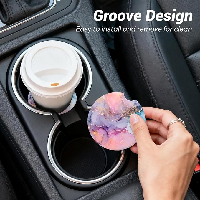 Car Cup Holder Ceramic Coasters 2 Pack, 2.56 in Anti Slip Absorbent Coaster with Cork Base and Finger Notch, Funny Cute Car Accessories Interior for Women, Fantasy Stone