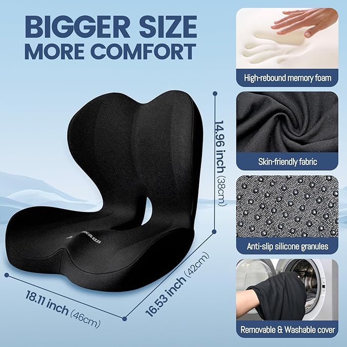 Memory Foam Seat Cushion for Office Chair and Car Seat | Sciatica & Hip & Coccyx Pain Relief Desk Chair Cushion for Long Sitting Office Workers, Car Drivers, Wheelchair, Home