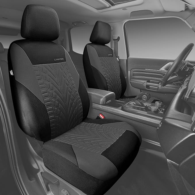 CAR PASS Emboss Tyre Front Seat Covers, Universal Fit Elastic Breath Premium Cloth seat Covers Front Seats only for Truck SUV Sedan, Airbag Compatible, Charcoal on Black