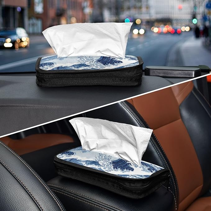 Car Tissue Holder Car Napkin Holder Tissue Box Dispenser Storage Case Sun Visor Mask Holder Accessories with Adjustable Straps Reusable Refillable Deep Blue Wave Pattern Snow Mountain