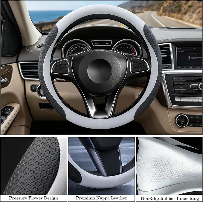 Premium Nappa Leather Steering Wheel Cover, Universal, Comfort Grip, Anti-Slip Breathable, Compatible with 14.5-15 in Steering Wheel Protector, White