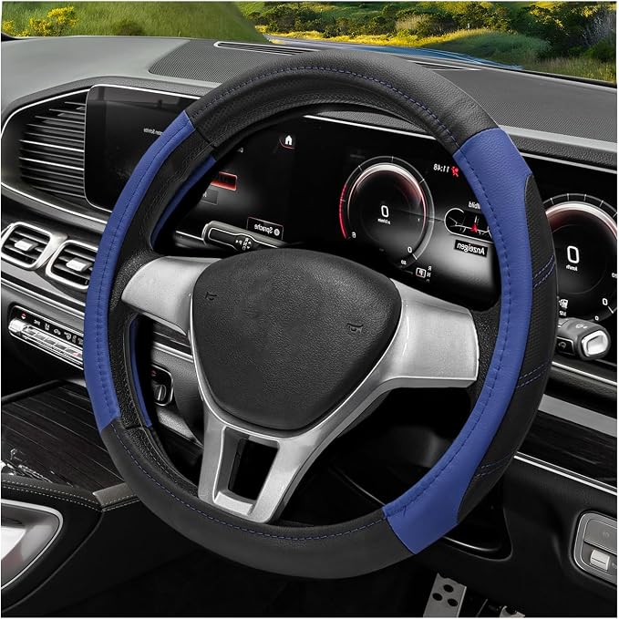 Sport Leather Steering Wheel Cover, 14.5-15 Inch Breathable Auto Steering Wheel Protector with Anti-Slip Lining, Soft Comfortable Leather Wheel Protector for Cars Trucks SUVs (Black & Blue)