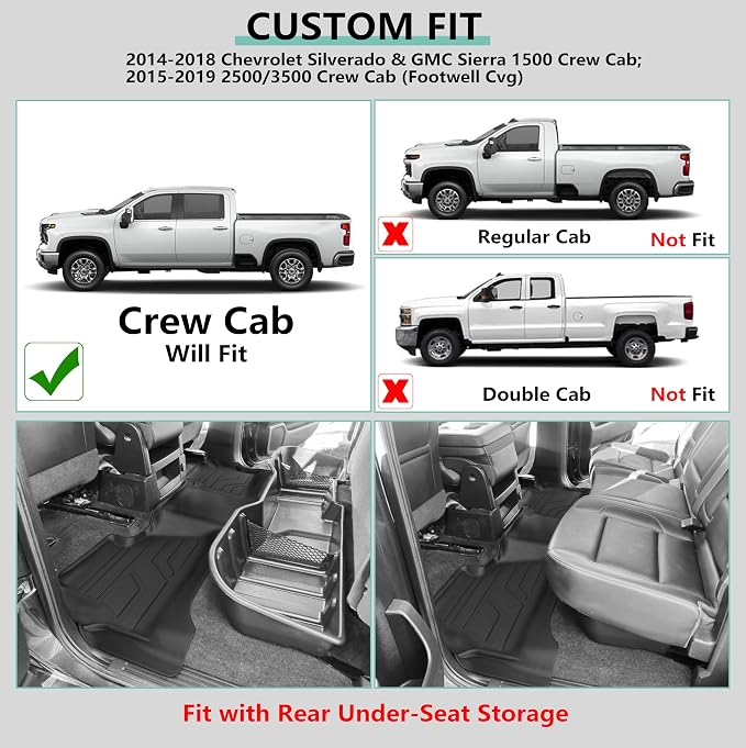KARPAL Floor Mats for 2014-2018 Chevy Silverado & GMC Sierra 1500 Crew Cab, 2015-2019 Silverado/Sierra 2500/3500 Crew Cab(Footwell Cvg), All-Weather TPE Custom Fit Floor Liners Car Accessories