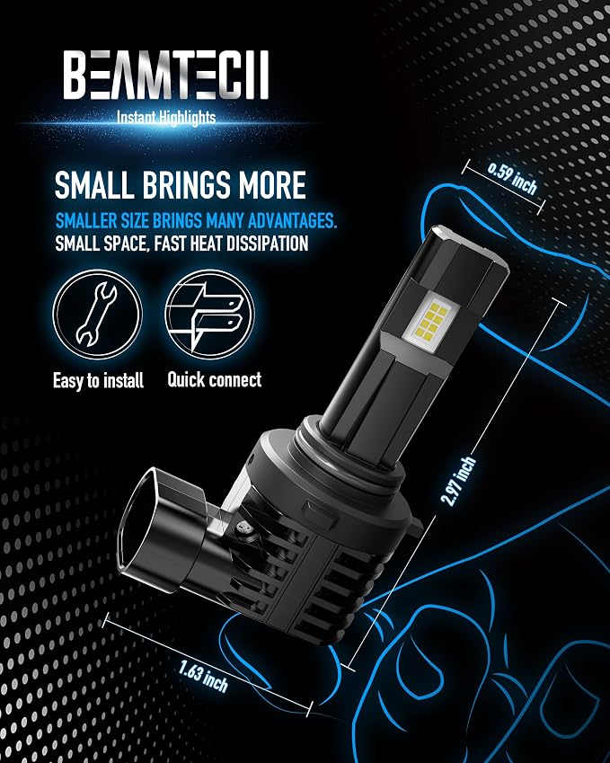 BEAMTECH 9006 Bulbs, Fanless In Line, Pack of 2 | HB4 Light Bulb, 6500K Xenon White, 1:1 Small Size