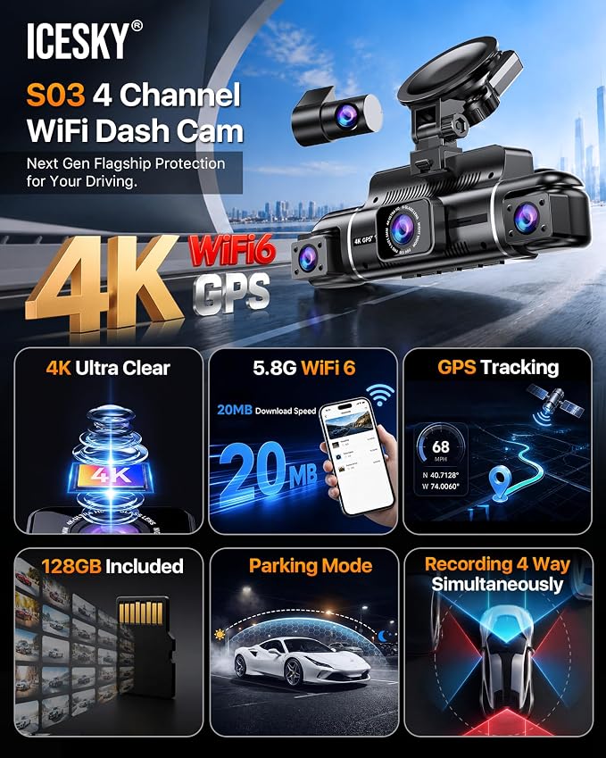Icesky S03 4K Dash Cam Front Rear Inside Left Right with GPS, Free 128GB SD Card, 5.8GHz WiFi 6 (Up to 20MB/s Download), 4 Channel 360° Dash Camera for Cars, G-Sensor 8 IR Light, Parking Mode, Black