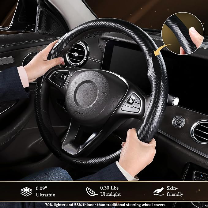Aimato Car Steering Wheel Cover Carbon Fiber, Ultra-Thin Car Steering Wheel Cover,Comfortable & Breathable Microfiber,Universal Fit for Most Cars