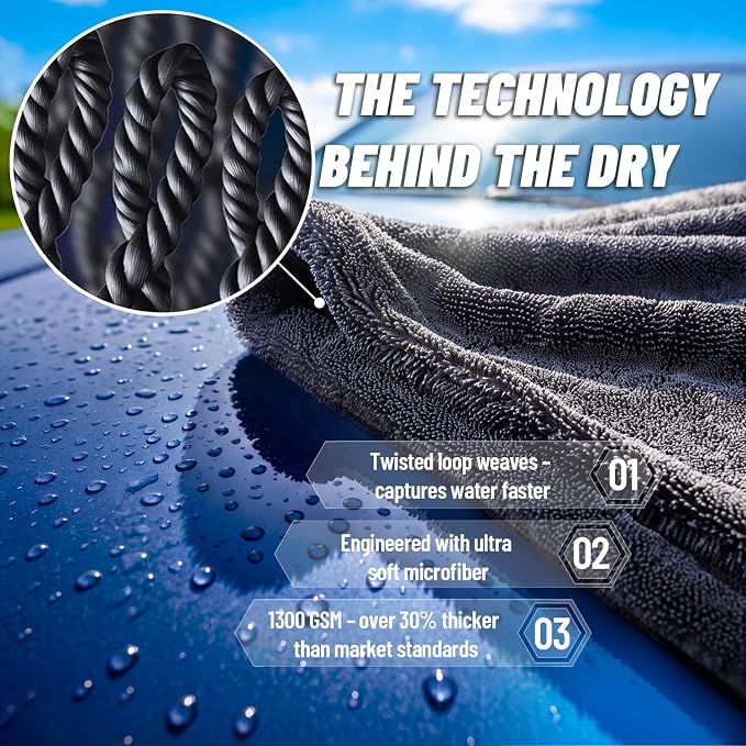 1300GSM Car Drying Towels: 2-Pack Super Absorbent Microfiber Drying Towels Car Detailing (36" x 24") – Zero Streaks, No Scratches, Water Spot Free – Twist Pile & Edgeless Design
