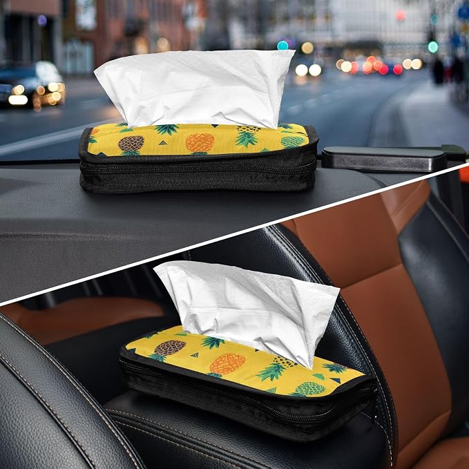 Car Visor Tissue Holder Mask Holder for Car, Car Tissue Box Sun Visor Napkin Holder Car Visor Accessories Adjustable Straps Reusable Durable Easy to Install Yellow Tropical Pineapples and Tri