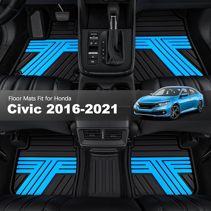 Rubber Floor Mats for Honda Civic Sedan 2016-2021 | All Weather Heavy Duty Car Mats Also Fit for Hatchback 2017-2021 & Coupe 2016-2020, 1st & 2nd Row, Black & Blue