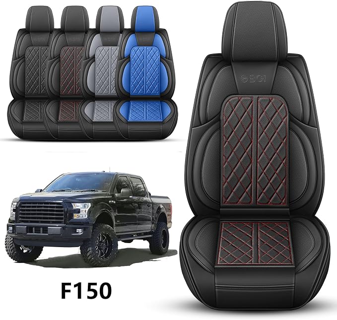Car Seat Cover Custom Fit for Ford F150 2009-2026 Faux Leather Seat Cover Set Compatible with Regular Cab Super Cab Super Crew Pickup Truck Cushions (Black Redline, Full Set)