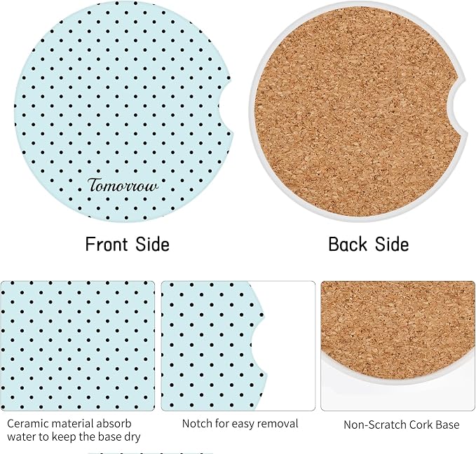 Cute Fashion Polka Dot Car Coasters 2 Pack for Cup Holders, 2.56 Inch Finger Notch Retro 70's Style Ceramics Heat Resistant Anti Slip Cork Base Car Drinks Coasters Auto Accessories-Blue