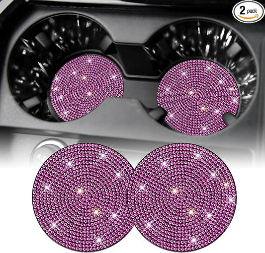 SINGARO Bling Cup Holder Coasters for Car, 2PCS Universal Non-Slip Cup Holder, Embedded Decorative Coasters, Shiny Crystal Car Interior Accessories Gifts for Women (Pink)