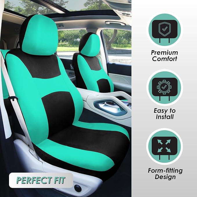 FH Group Full Set Cloth Car Seat Covers , Universal Fit combo, Low Back Front Seat Covers, Airbag Compatible, Split Bench Rear Seat, Washable Seat Cover for SUV,Sedan,Van, Mint