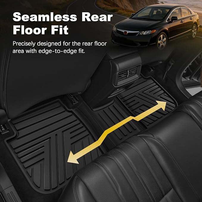 Rubber Floor Mats for Honda Civic Sedan 2006-2011 (Not Fit Coupe) | All Weather Heavy Duty Car Mats Fit for Civic, 1st & 2nd Row, Black