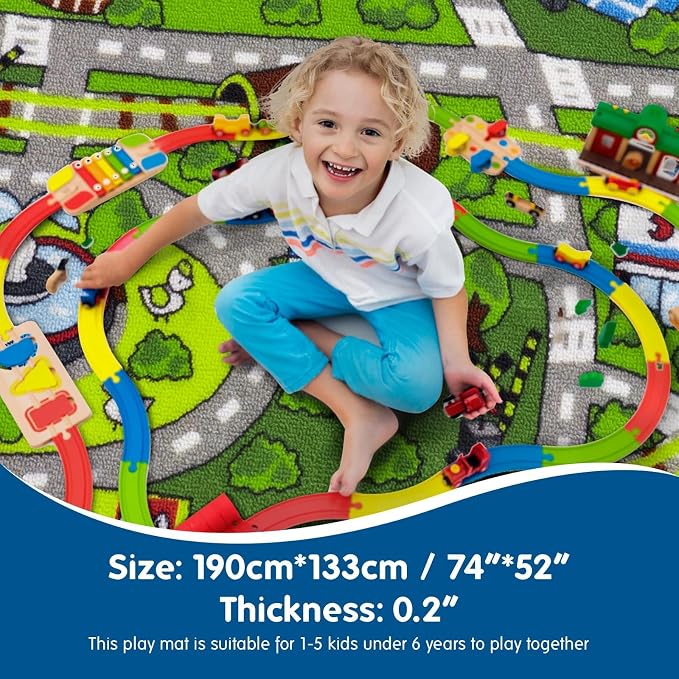 Booooom Jackson Kids Train and City Rug, 52" x 75" Non-Slip Play Mat | Non-Slip Washable Play Mat, OEKO-TEX Certified Safe, Train & City Design, Great Gift for Toddlers, Classroom & Playroom Use