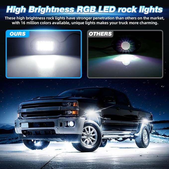 12 Pods Alloy RGB LED Rock Lights, Shockproof Heavy Duty Metal Underglow Kit for Jeeps Truck Offroad ATV UTV Golf Cart SUV, IP68 Waterproof Neon Underbody Light with APP/RF Control & Brake Signal 12V