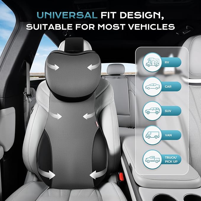 Coverado Car Seat Cushion and One Piece Lumbar Support with Headrest Pillow, Ergonomic Memory Foam Car Back Support, Adjustable Velcro Design Car Neck Pillow, Sciatica Back Neck Pain Relief, Blackgray
