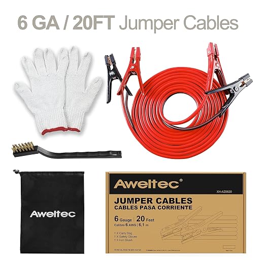 Jumper Cables 6 Gauge 20 Feet,Heavy Duty Battery Booster Cable,Automotive Jumping Wires with Alligator Clamps,Carrying Bag,Safety Gloves and Iron Brush for Cars Trucks