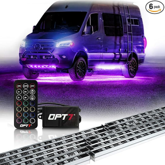 OPT7 Aura RGB Aluminum RV LED Underglow Lights with Remote Control, 12V | Waterproof Rigid Light Bars, Multicolor Motorhome Lighting, Camper Exterior Accent Ground Lights, Outdoor Decor Accessories
