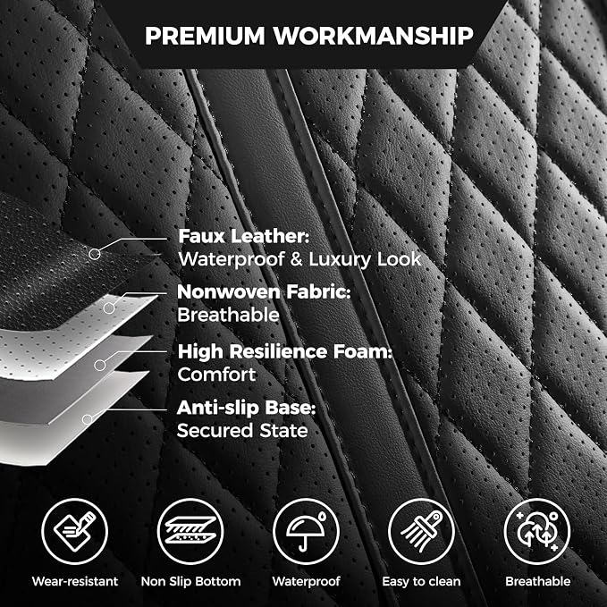 Seat Covers for 2019-2026 Dodge Ram 1500/2500/3500, Flat Bench | lumbar padded, premium waterproof leather, full coverage, anti-slip, storage pockets, long-term durability, airbag compatible