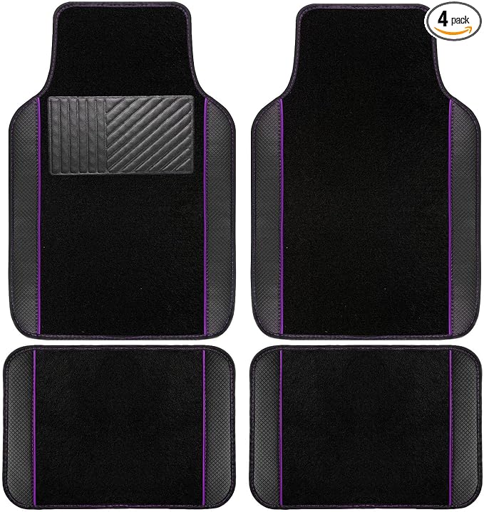 NBTEPEM Waterproof Universal Fit Car Floor Mats, Faux Leather Sporty Car Carpet Mats with Anti-Slip Nibbs Backing & Driver Heel Pad Fit for SUV, Vans, Sedans, Trucks, Set of 4 (Black with Purple line)