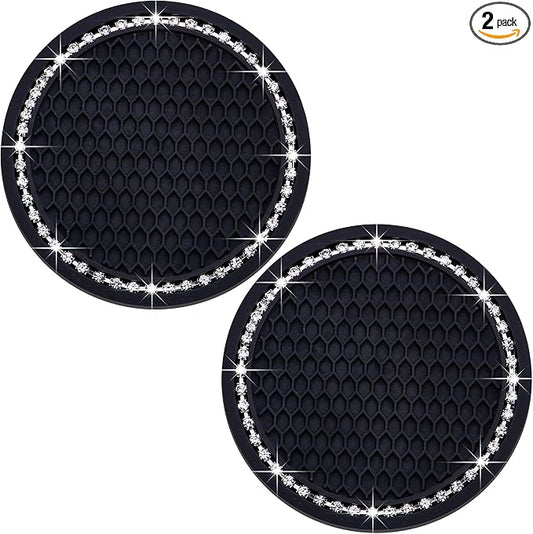 2PCS Bling Cup Holder Coaster, 2.75 Inch Auto Car Cup Holder Insert Coasters, Soft Silicone Anti-Slip Shockproof, Universal Vehicle Interior Accessories for Women Girls (Black & White)