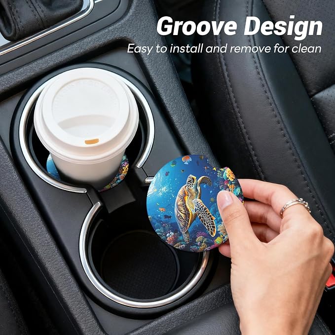 2 Pack Ceramic Car Coasters for Cup Holder, 2.56 in Anti Slip Absorbent Coaster with Cork Base and Finger Notch, Funny Cute Car Accessories for Women, BigTurtle