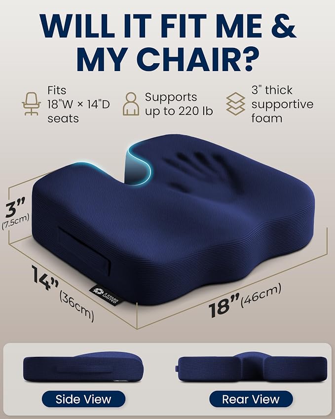 5 STARS UNITED Seat Cushion - Memory Foam Chair Cushion for Tailbone Pain Relief - Ergonomic Support for Coccyx, Sciatica & Butt - Office, Desk & Gaming Chair, Car Seat, Wheelchair, Airplane, Blue