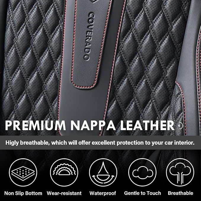 Coverado Car Seat Covers Full Set, Nappa Leather Seat Covers for Car, Waterproof Car Seat Protector with Lumbar Support, Automotive Seat Covers Universal Fit for Most Cars SUV Trucks (Black-Red line)