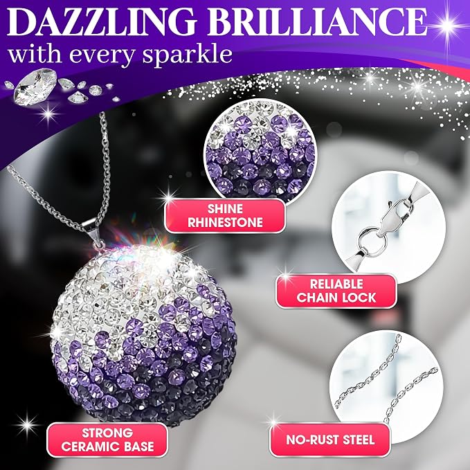 Bling Car Accessories - Elegant 1.37" Crystal Ball Rear View Mirror Charm with Hand-Set Sparkling Rhinestone and 17.7" Long Chain - Bling Rear View Mirror Accessories, Сrystal Сar Hanging Ornament