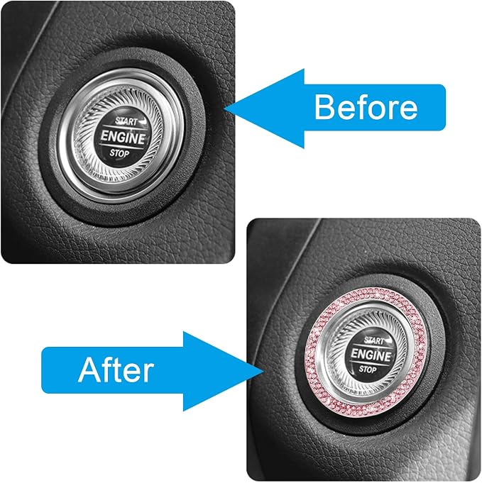 WINKA 2pcs Bling Car Engine Start Button Cover Diamond Crystal Push Start Stop Button Ring Sparkly Bling Ignition Button Cover Rhinestone Keyless Ignition Ring Universal Car Accessories (Pink)