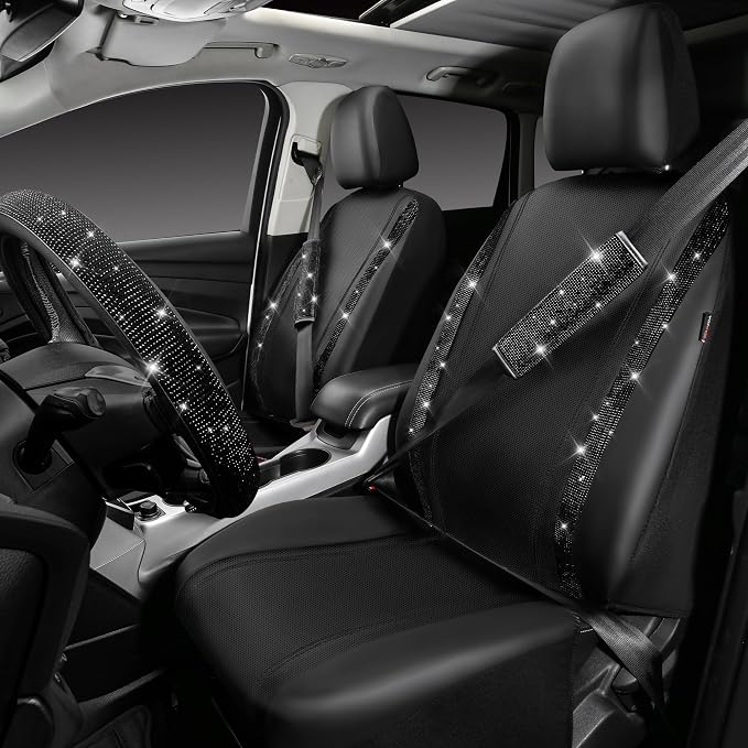CAR PASS Bling Diamond Leather Car Seat Covers 11 PCS, Sparkly Rhinestone Steering Wheel Cover Glitter Cute Interior Car Accessories Sets Seat Belt Cushion Cup Holder Coaster Women Girl, Black Diamond